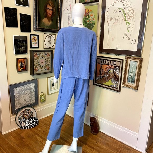 80s Vintage Palisades Blue 100% Linen Long Sleeve Button Front Top and Pant Set - Picture 4 of 4